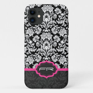 Black & White Vintage Floral Damasks 2 Monogramed iPhone 11 Case