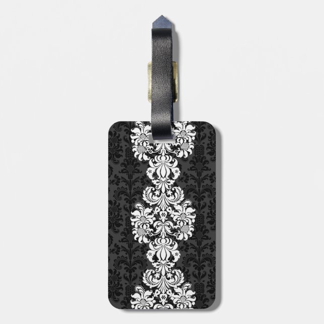 Black & White Vintage Floral Damasks Luggage Tag (Back Vertical)