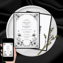Black white vintage floral frame QR code wedding