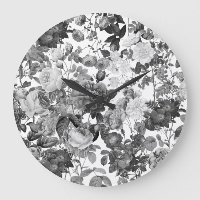 Black  White Vintage Floral  Large Clock (Front)