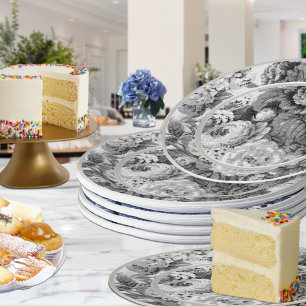 Black & White Vintage Floral Paper Plate