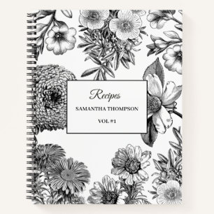 Black White Vintage Floral Recipe Cookbook Notebook