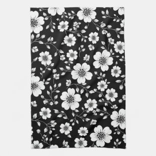 Black White Vintage Floral Seamless Pattern (1) Tea Towel
