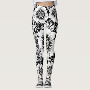Black White Vintage Floral Seamless Pattern (2) Leggings