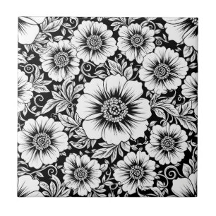Black White Vintage Floral Seamless Pattern (2) Tile