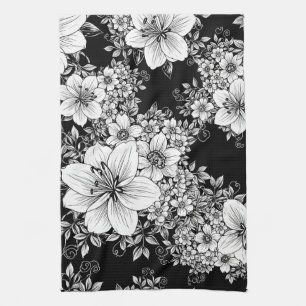 Black White Vintage Floral Seamless Pattern (3) Tea Towel