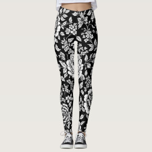 Black White Vintage Floral Seamless Pattern (5) Leggings