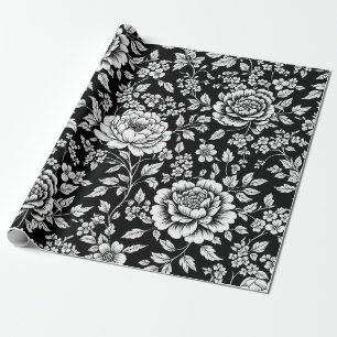 Black White Vintage Floral Seamless Pattern (5) Wrapping Paper