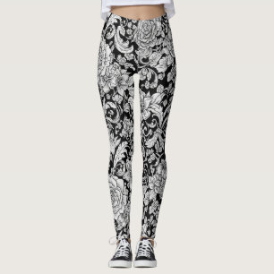 Black White Vintage Floral Seamless Pattern (6) Leggings