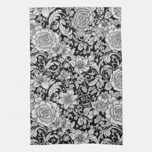 Black White Vintage Floral Seamless Pattern (6) Tea Towel