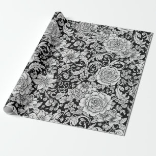 Black White Vintage Floral Seamless Pattern (6) Wrapping Paper