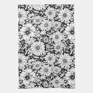 Black White Vintage Floral Seamless Pattern (7) Tea Towel