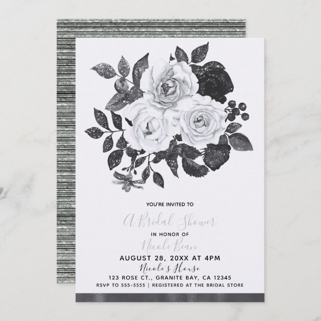 Black & White Vintage Flowers Modern Bridal Shower Invitation (Front/Back)