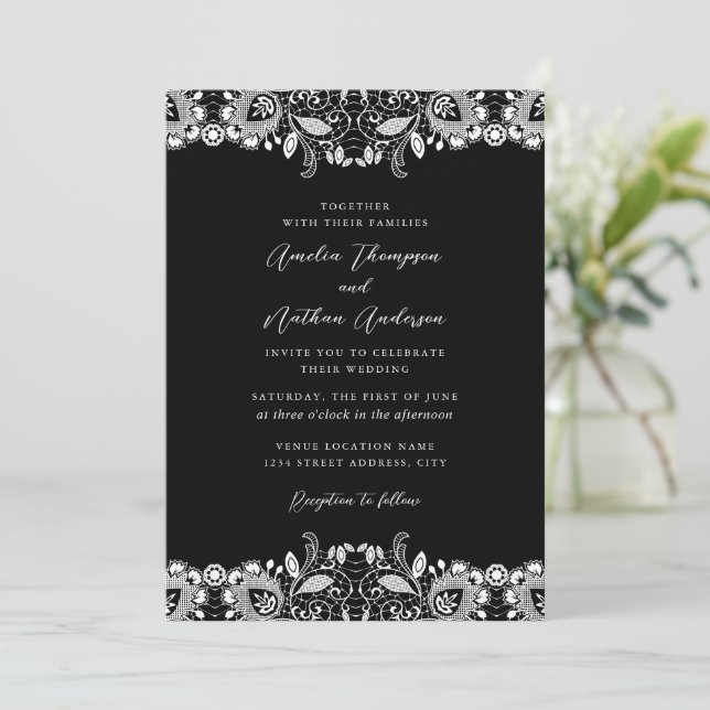 Black White Vintage Lace Wedding Invitation (Standing Front)