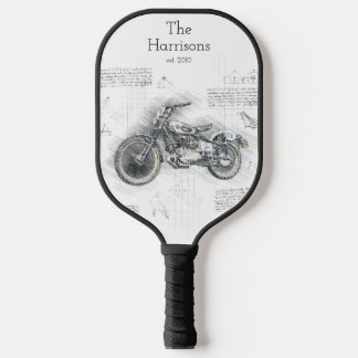 Black & White Vintage Motorcycle Monogram Pickleball Paddle