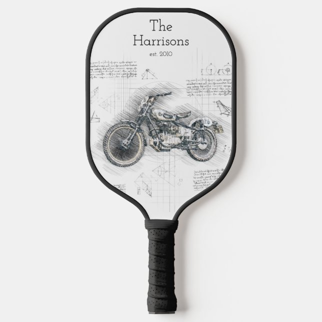 Black & White Vintage Motorcycle Pickleball Paddle (Front)