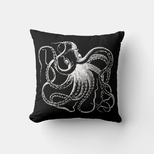 Black & White Vintage Octopus Illustration Cushion (Front)