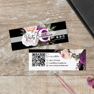 Black White Vintage Rose Floral Modern Personal QR Mini Business Card