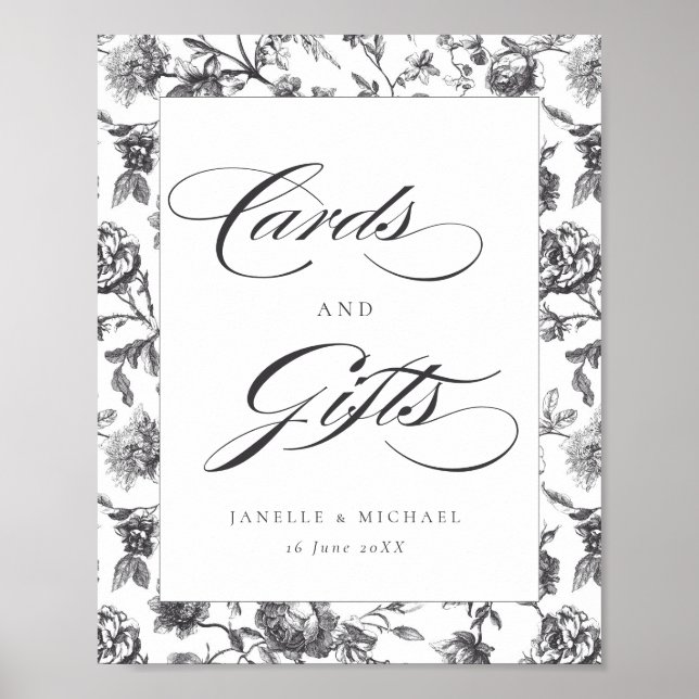 Black & White Vintage Toile Cards & Gifts Wedding Poster (Front)