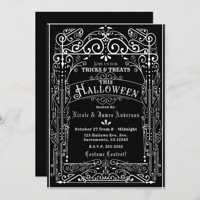 Black & White Vintage Victorian Deco Halloween Invitation (Front/Back)