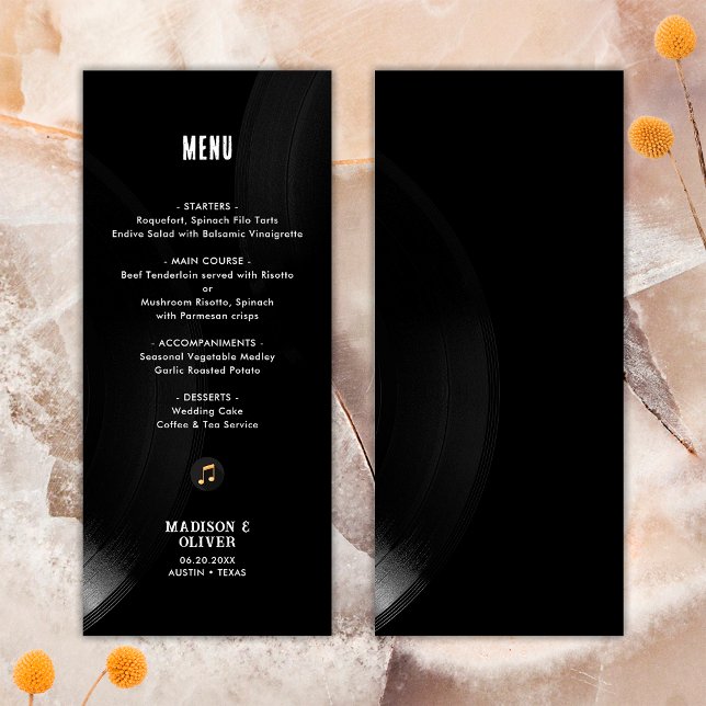 Black White Vinyl Record Wedding Customisable Menu (Front/Back)