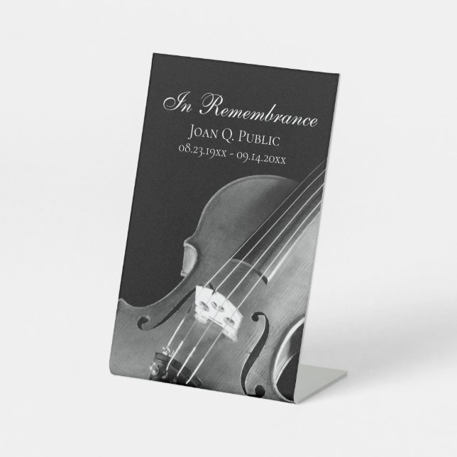 Black White Violin Musician Celebration of Life Pedestal Sign (Front)