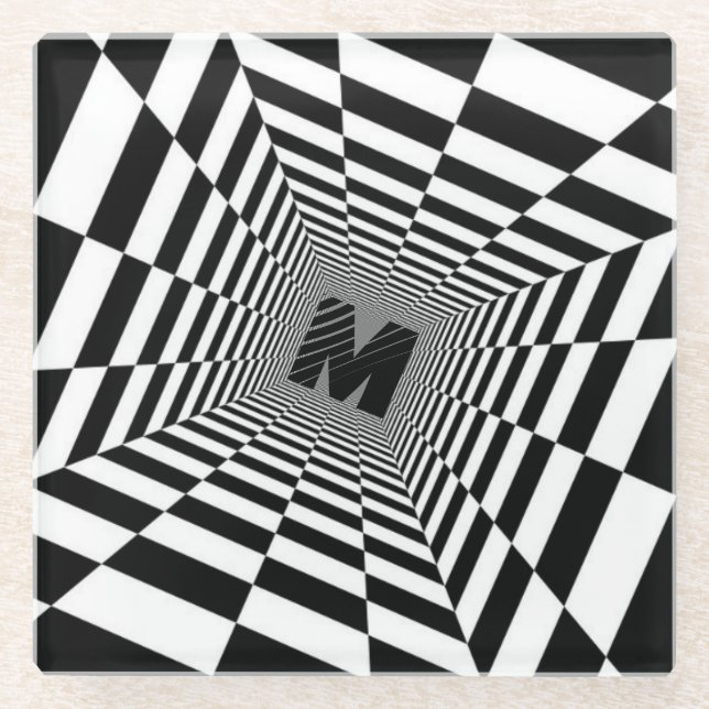 Black & White Visual Illusion, Monogram or Initial Glass Coaster (Front)