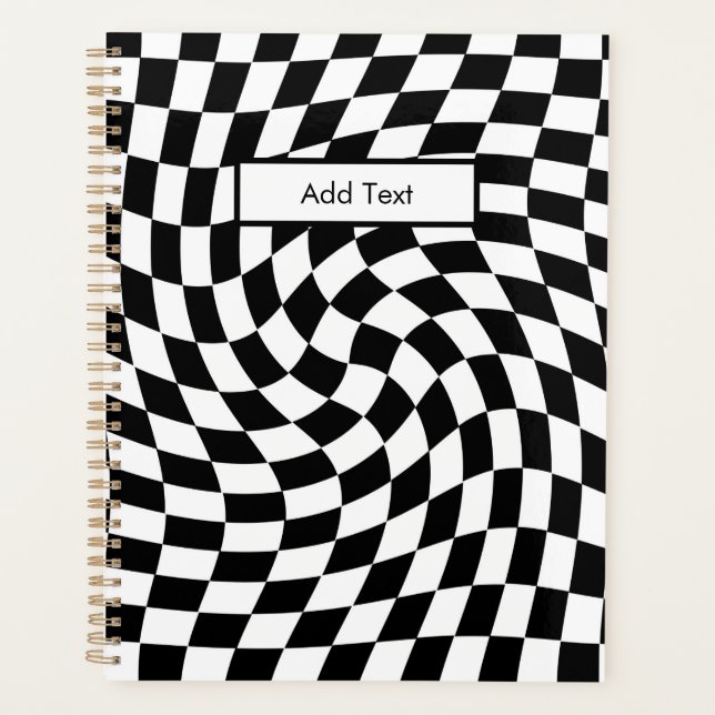 Black & White Warped Checkered Pattern Custom Planner (Front)