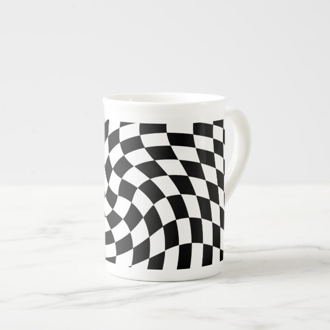 Black & White Warped Chequered Chequerboard Bone China Mug (Front Right)