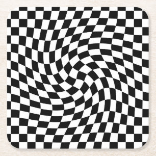 Black & White Warped Chequered Chequerboard Square Paper Coaster