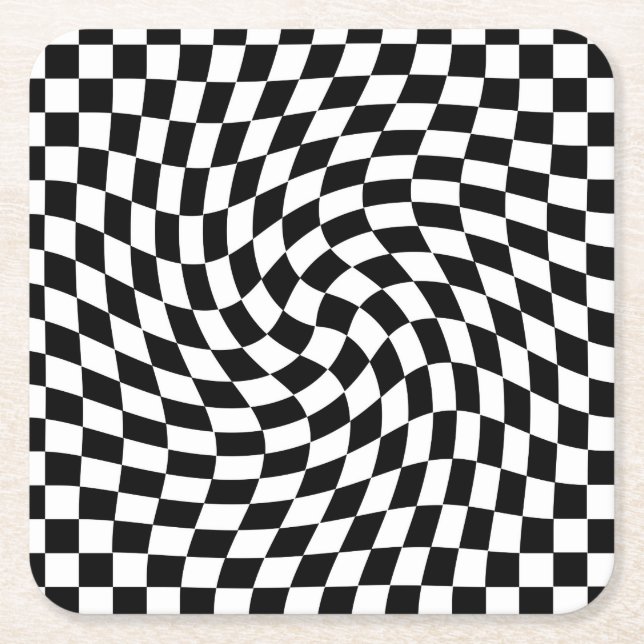 Black & White Warped Chequered Chequerboard Square Paper Coaster (Front)