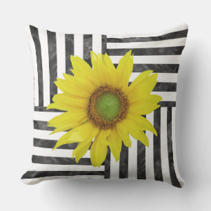 Black White Watercolor Block Stripes w/ Sunflower Cushion