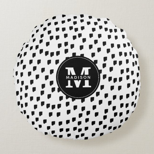 Black & White Watercolor Brushstroke Monogram  Round Cushion (Front)