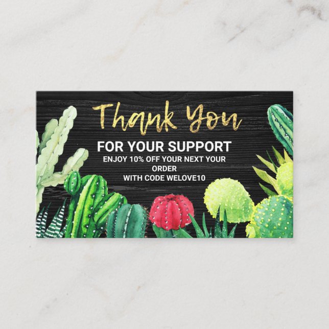 Black & White Watercolor Cactus Discount Business Business Card (Front)
