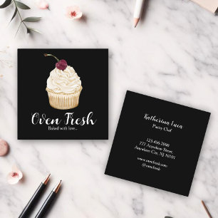 Black White Watercolor Cupcake Bakery Square Business Card