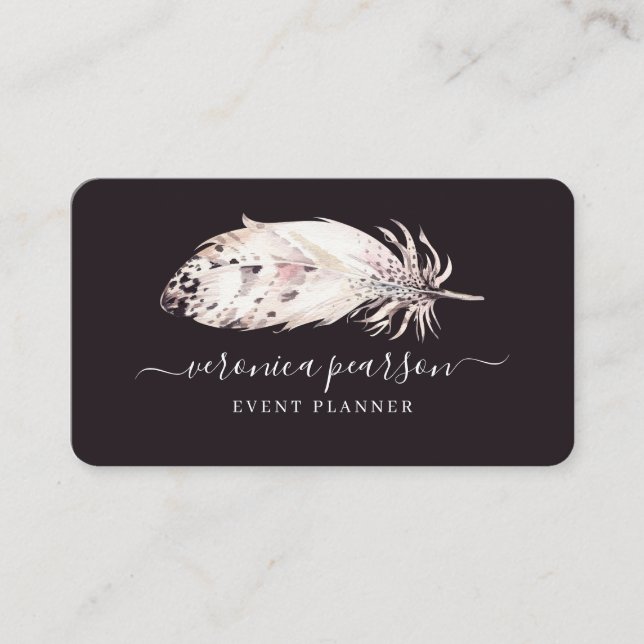 Black & White Watercolor Feather | Modern Minimal Business Card (Front)