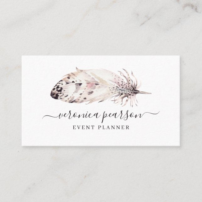 Black & White Watercolor Feather | Modern Minimal Business Card (Front)