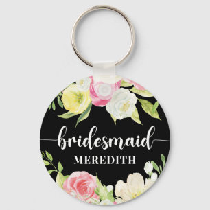 Black White Watercolor Floral Bridesmaid Name Key Ring