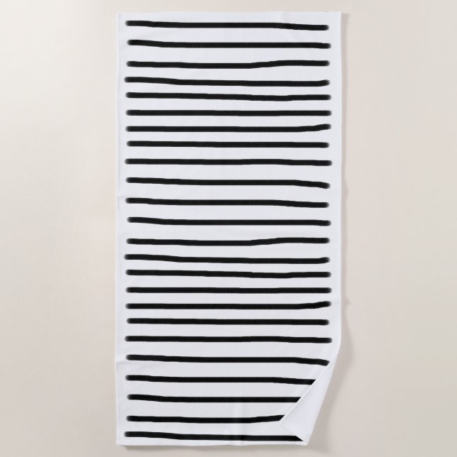 Black & White Watercolor Hand Drawn Lines Beach Towel (Front)