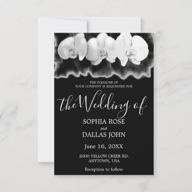 Black white watercolor orchids wedding invitation (Front)