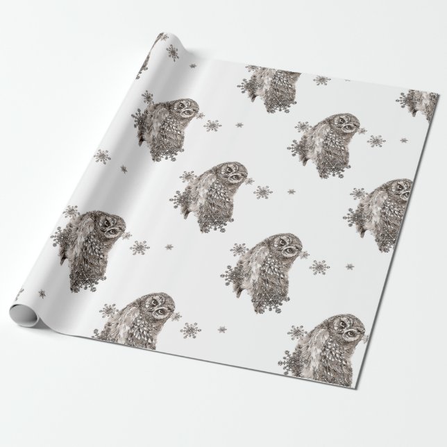 Black & White Watercolor Owl Winter Snowflakes Wrapping Paper (Unrolled)