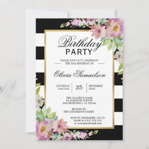 Black White Watercolor Pink Floral Birthday Party Invitation