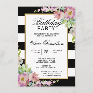 Black White Watercolor Pink Floral Birthday Party Invitation