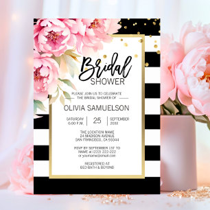 Black White Watercolor Pink Floral Bridal Shower Invitation