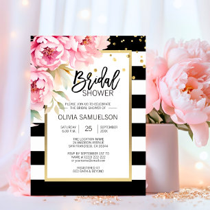 Black White Watercolor Pink Floral Bridal Shower Invitation