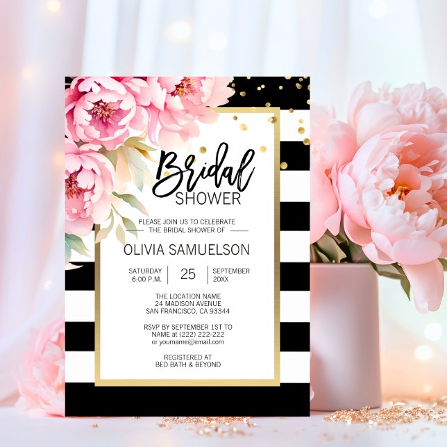 Black White Watercolor Pink Floral Bridal Shower Invitation (Black White Watercolor Pink Floral Bridal Shower Invitation)