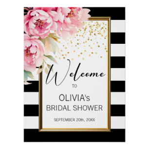 Black White Watercolor Pink Floral WELCOME sign