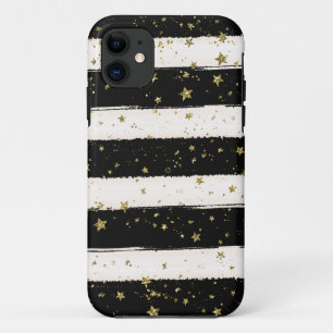 Black White Watercolor Stripes Gold Glitter Stars Case-Mate iPhone Case