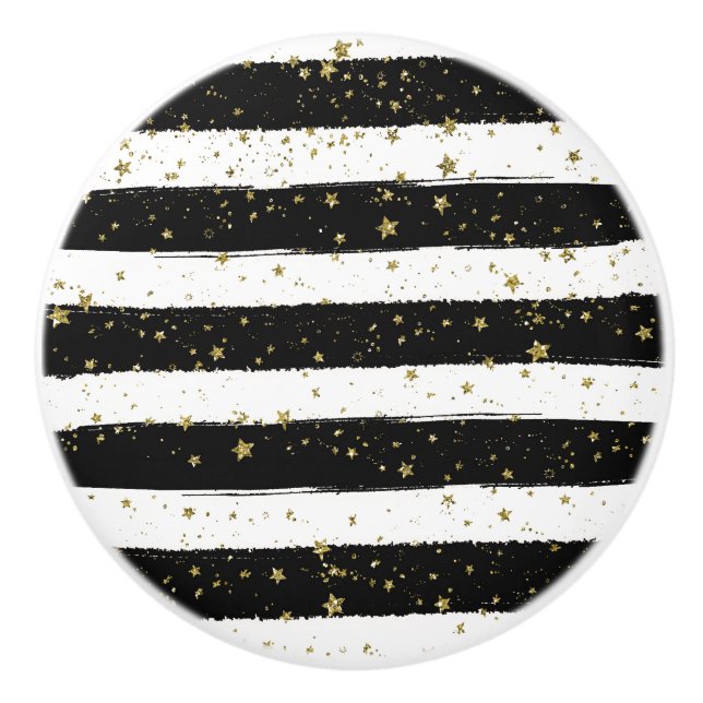 Black White Watercolor Stripes Gold Glitter Stars Ceramic Knob (Front)
