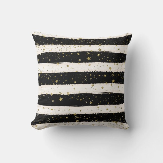Black White Watercolor Stripes Gold Glitter Stars Cushion (Front)